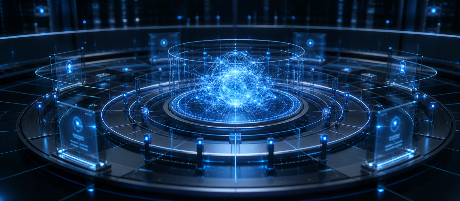Abstracte visualisatie van veilige AI, data en menselijke controle.