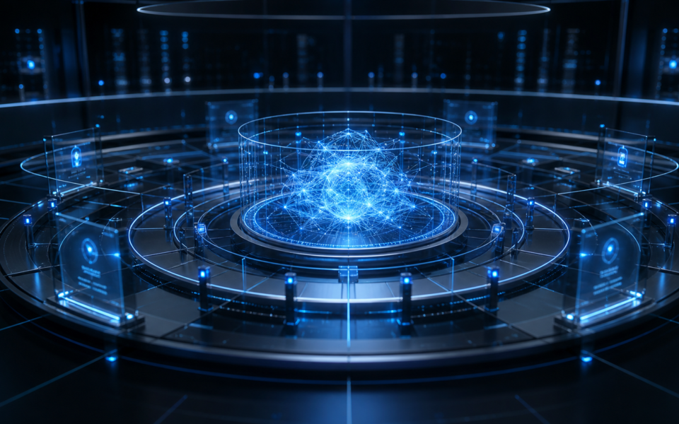 Abstracte visualisatie van veilige AI, data en menselijke controle.