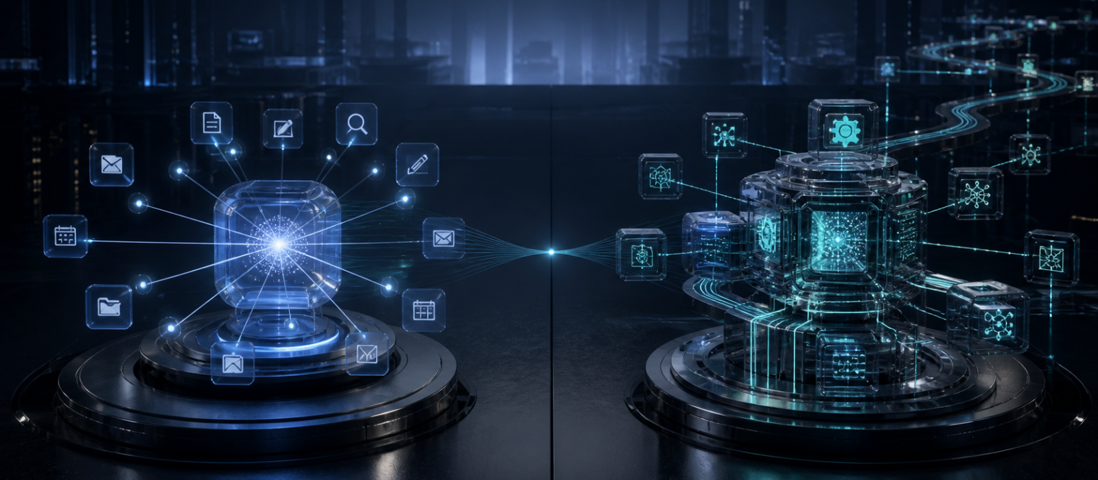 Visualisatie van de keuze tussen Microsoft 365 Copilot en een procesgerichte AI-agent.
