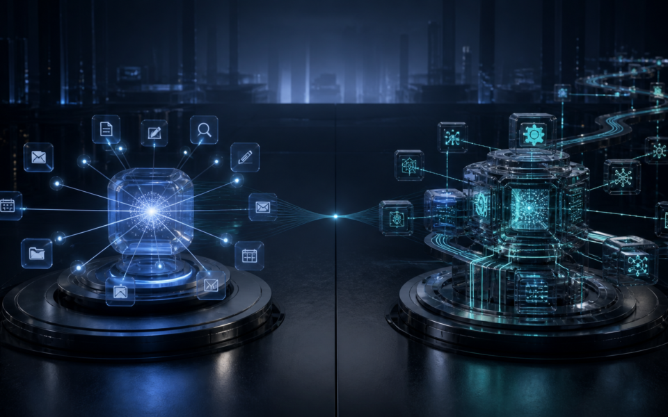Visualisatie van de keuze tussen Microsoft 365 Copilot en een procesgerichte AI-agent.